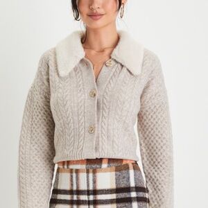 Lulus Cozy Luxury Taupe Cable Knit Faux Fur Collared Cardigan - Size XS